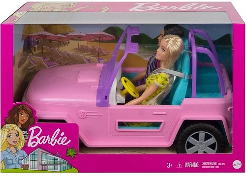 Barbie®  Кукла Барби с подругой на машине джипе розовом